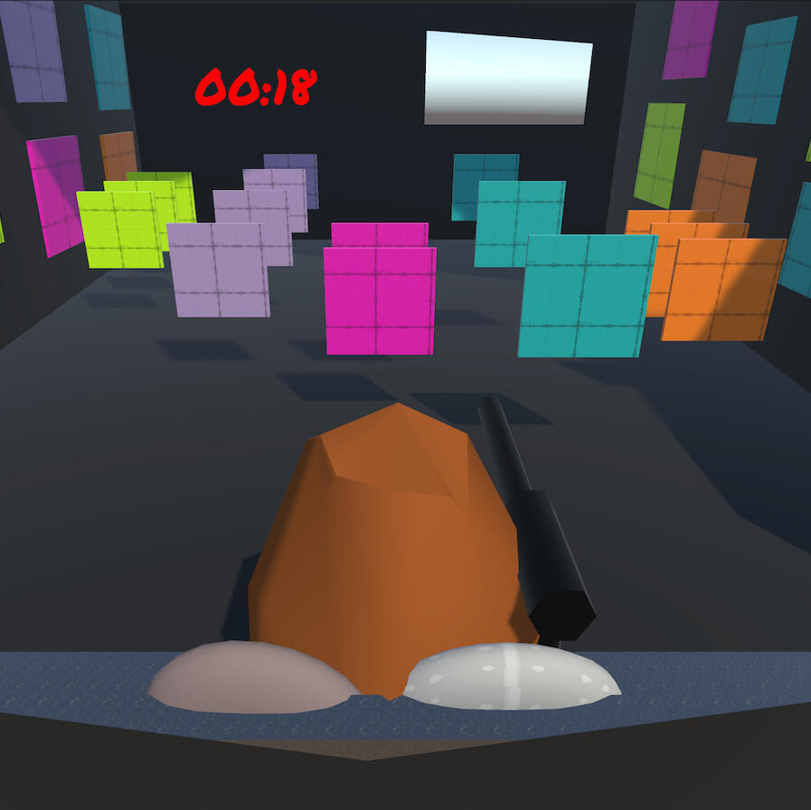 Screenshot of video game with a potato in foreground preparing to shoot an incoming horde of post-its, countdown time in background