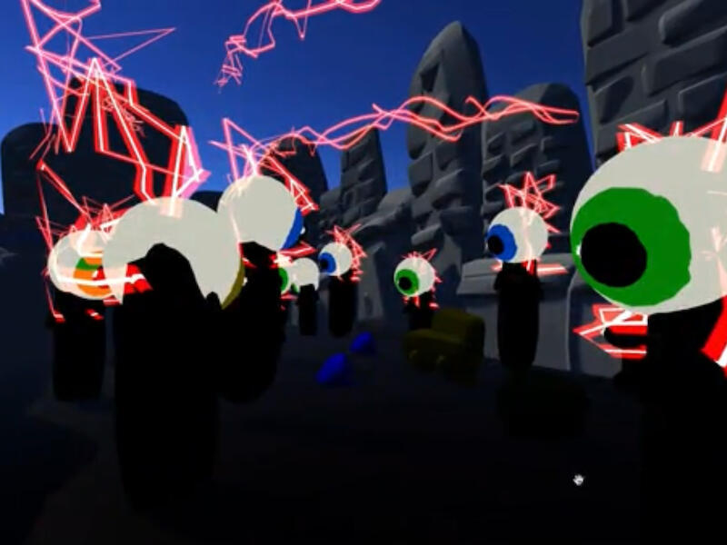 Screenshot of VR experience depicting giant eyeballs and red lightning on a dark city street